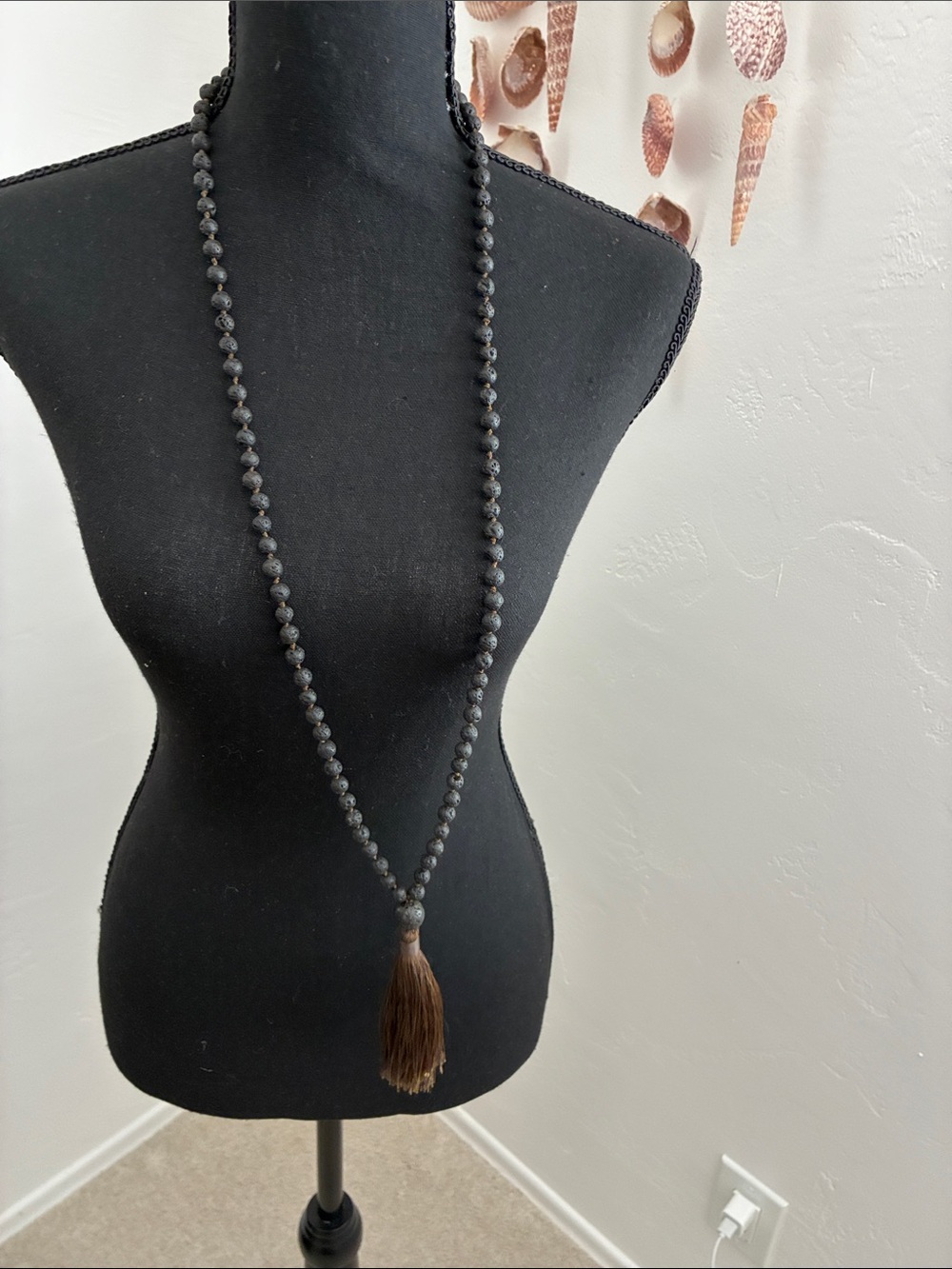 Long Black Beaded Necklace with Brown Tassel